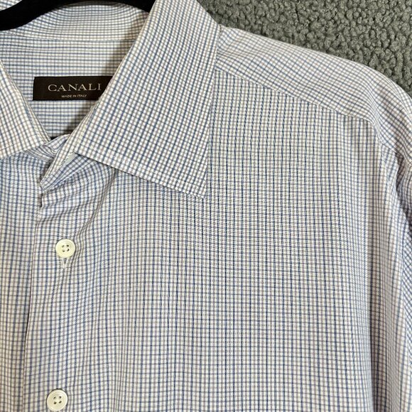 Canali Italy Made Check French Cuff Button Up Shirt - Men's Size 47/18.5 - Blue - Picture 1 of 12